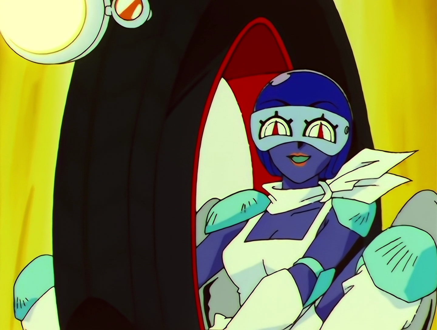 Autobiko, a Lemures from Sailor Moon episode 142. She has blue skin and wears a blue helmet. Her eyes, visible through the helmet’s visor, look like speedometers. She has a white dress, gloves, boots and scarf, with turquoise-colored padding on her shoulders, elbows and knees. She’s riding inside a giant black wheel.